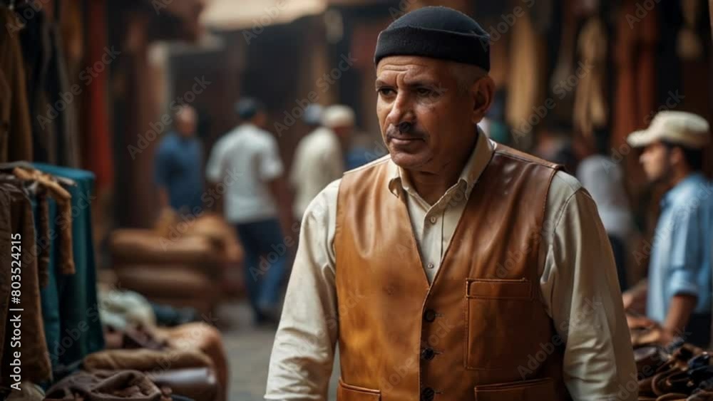 portrait captures the essence of an elderly Muslim vendor in a bustling souk in Morocco. The image reflects the rich cultural tapestry of Morocco video animation portrait captures the essence of an elderly Muslim vendor in a bustling souk in Morocco. The image reflects the rich cultural tapestry of Morocco video animation