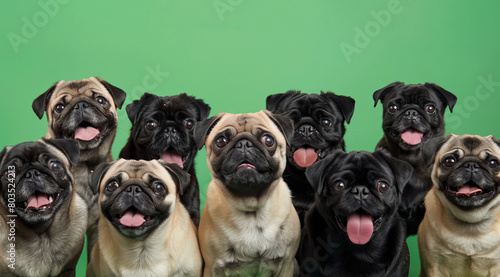 A group portrait of pugs are standing in rows, all with their tongues out