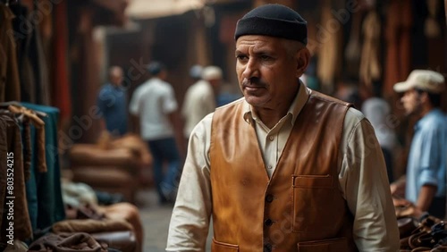 portrait captures the essence of an elderly Muslim vendor in a bustling souk in Morocco. The image reflects the rich cultural tapestry of Morocco video animation photo