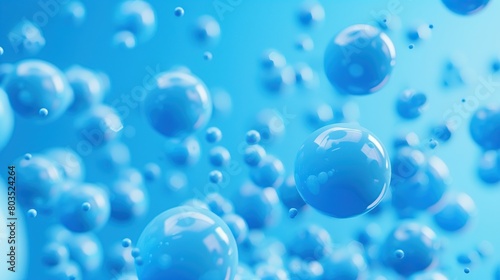 There are a lot of blue spheres on a blue background. The spheres are different sizes and are scattered around the image.  