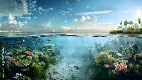 Panoramic view of a delta where river meets ocean, showing the transition from fresh to saltwater and the diverse aquatic life