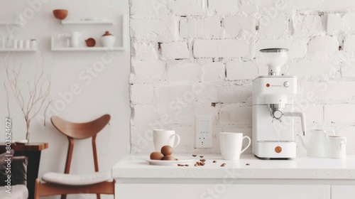 Serene Modern White Kitchen with Espresso Machine and Chic Minimalist Decor © Ryzhkov