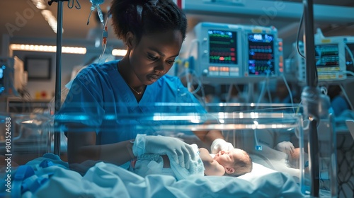 Neonatal Nurse Tending to a Newborn in Incubator, Health Care Professional at Work in NICU. Subject is Unrecognizable. AI photo