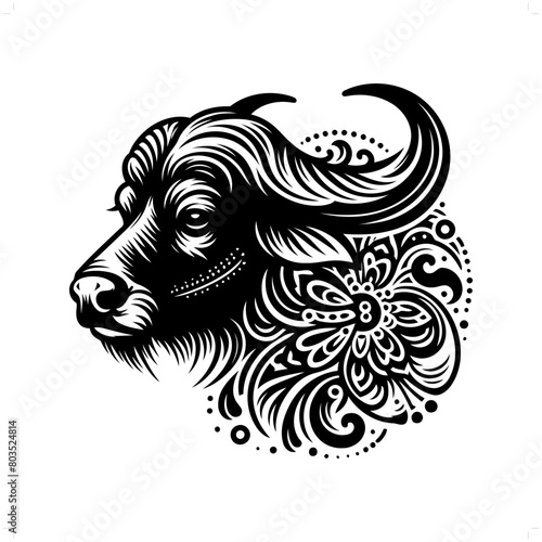 Buffalo silhouette in bohemian  boho  nature illustration