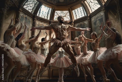Ballet dancers in tutu and pointe shoes posing in ballet hall