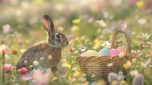 A serene scene of a lop-eared hare hopping through a field of wildflowers, with a basket of pastel-colored eggs balanced on its back. Love and kindness, care and tenderness, religi photo
