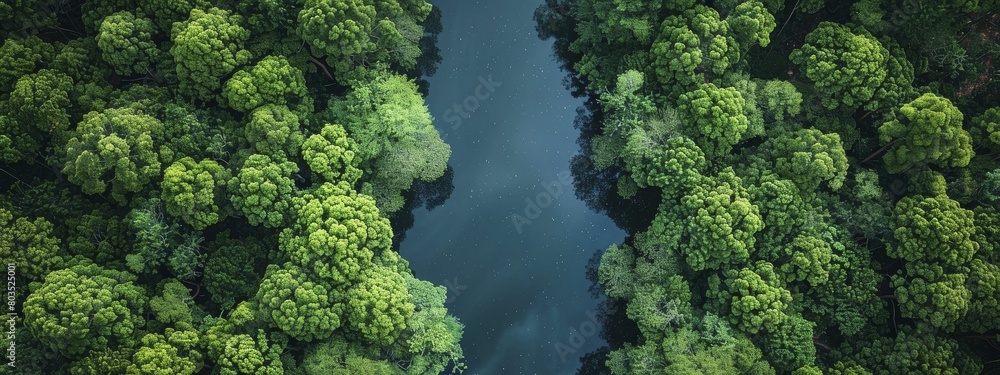 Naklejka premium Overhead perspective of a national park with diverse ecosystems, ideal for conservation efforts, environmental education, and nature photography workshops.