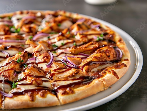 A close-up image of a BBQ chicken pizza topped with cheese, chicken, red onions, and a drizzling of barbecue sauce. photo