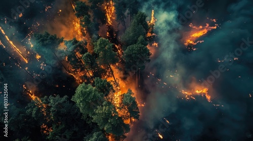 Forest fire with intense flames and smoke, aerial perspective