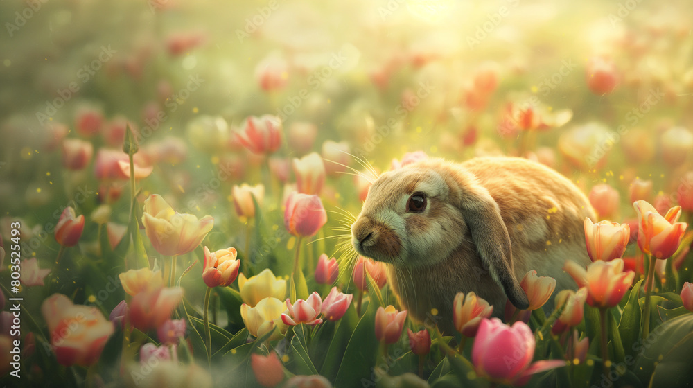 Naklejka premium A charming scene of a lop-eared hare frolicking in a field of blooming tulips, with pastel-painted eggs hidden among the flowers. Love and kindness, care and tenderness, religion a
