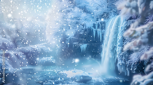 Snowy waterfall scene in a winter wonderland  icicles hanging from the cliff and snowflakes gently falling