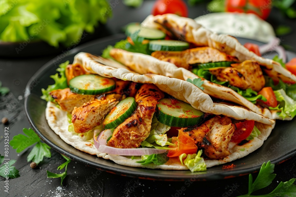 A close-up image of grilled chicken strips in pita bread, accompanied by sliced cucumbers, tomatoes, and lettuce. A close-up image of grilled chicken strips in pita bread, accompanied by sliced cucumbers, tomatoes, and lettuce.