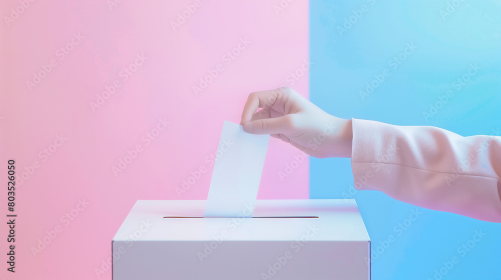 A woman hand in a jacket with a leaf throws a ballot into a ballot box on a pink and blue background A woman hand in a jacket with a leaf throws a ballot into a ballot box on a pink and blue background