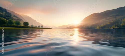 Sunrise over a serene bay, with soft light illuminating the gentle ripples on the water's surface, surrounded by lush green hills photo