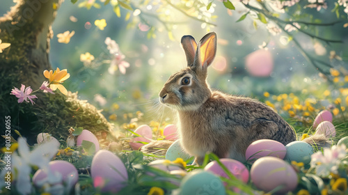 An enchanting Easter tableau featuring a lop-eared hare surrounded by pastel-colored eggs, with soft sunlight filtering through the trees above. Love and kindness, care and tendern
