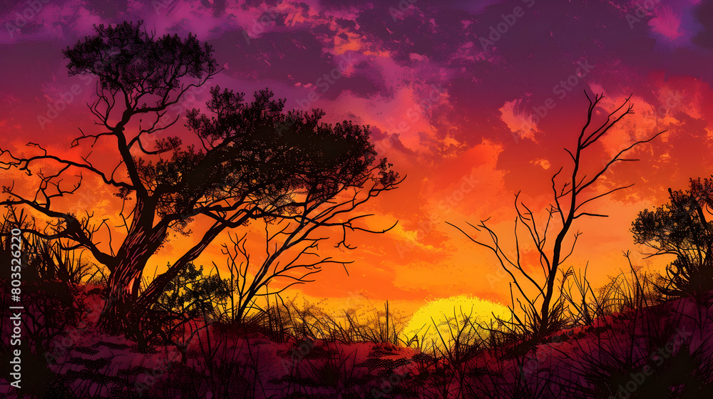 Sunset at the scrubland, with silhouettes of scrub bushes against a vibrant orange and purple sky