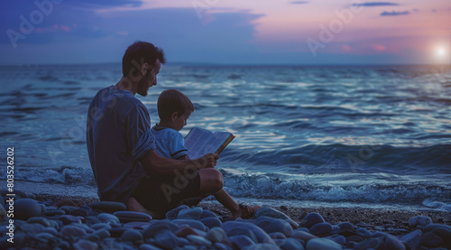 A father and a boy are sitting on the beach reading a book  tales or a Bible