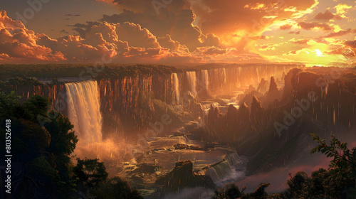 Sunset over a vast gorge with a viewpoint showing a river turning into a waterfall, the water reflecting the fiery sky above