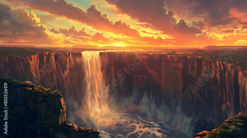 Sunset over a vast gorge with a viewpoint showing a river turning into a waterfall, the water reflecting the fiery sky above photo