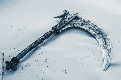 A lone battle scythe  its blade shimmering with deadly intent against the purity of white.