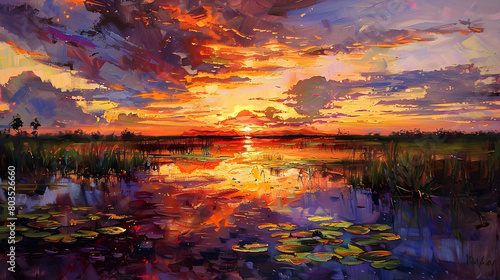 Sunset over a wetland with the sky painted in vibrant oranges and purples, reflecting in the water interspersed with lily pads