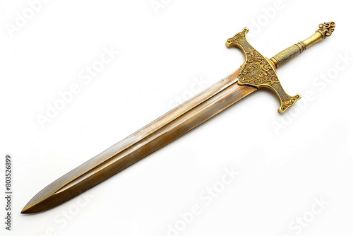 A majestic, double-edged sword with a gold-plated handle, isolated on solid white background.