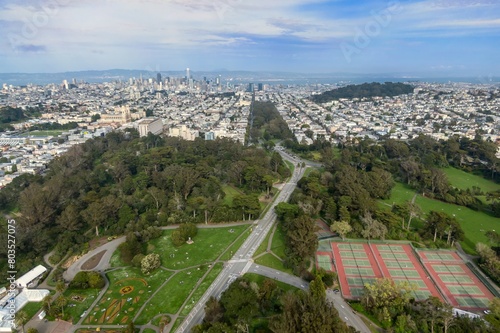 Golden Gate Park and the panhandle park and the city skyline, San Francisco, California, United States of America.