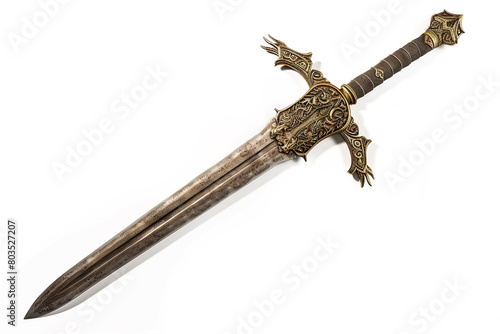 A majestic sword with an ornate hilt, isolated on a solid white background.
