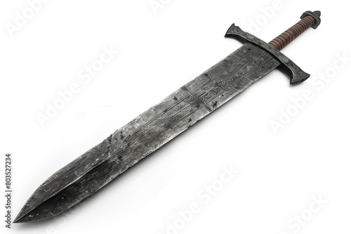 A massive, intimidating zweih??nder sword with a blackened steel blade, isolated on solid white background. photo