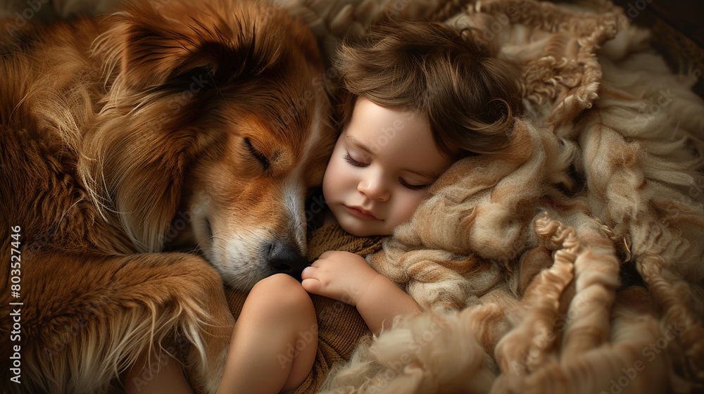 sleeping baby in furs with his beloved friend sleeping baby in furs with his beloved friend