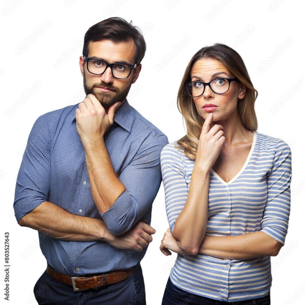 Pensive Man and Woman Posing With Curious Expressions on Transparent Background