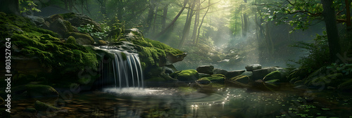 The peaceful flow of a small lake feeding into a gentle waterfall  surrounded by rocks and moss in a secluded forest setting