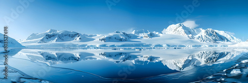 The serene beauty of a frozen lake in Antarctica, its surface perfectly reflecting the surrounding snow-covered mountains and clear blue sky
