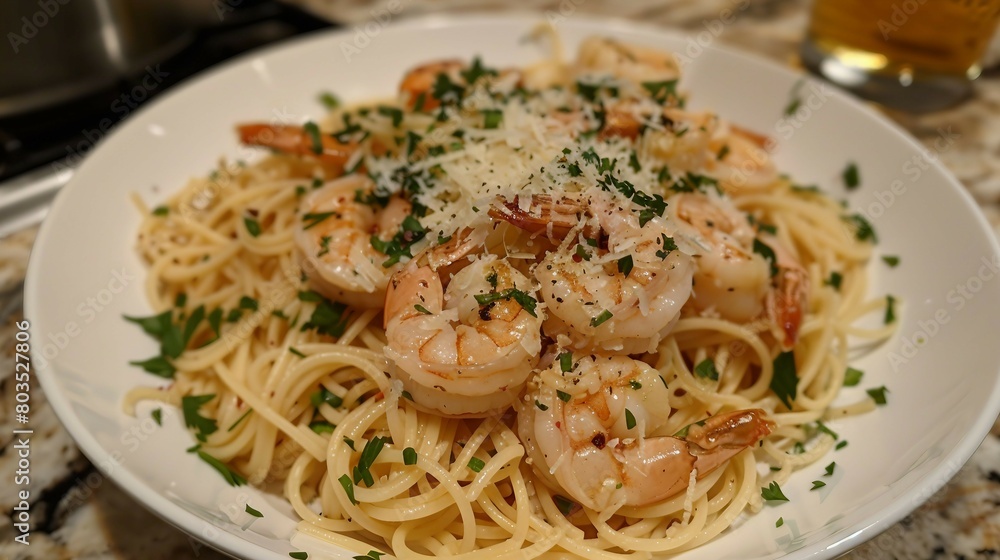 A mouthwatering dish of spaghetti tossed in a garlicky, buttery sauce with juicy shrimp, fresh parsley, and a sprinkle of parmesan cheese. A mouthwatering dish of spaghetti tossed in a garlicky, buttery sauce with juicy shrimp, fresh parsley, and a sprinkle of parmesan cheese.