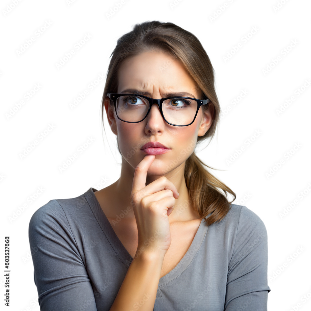 Pensive Young Woman With Glasses Looking Upward on a Transparent Background