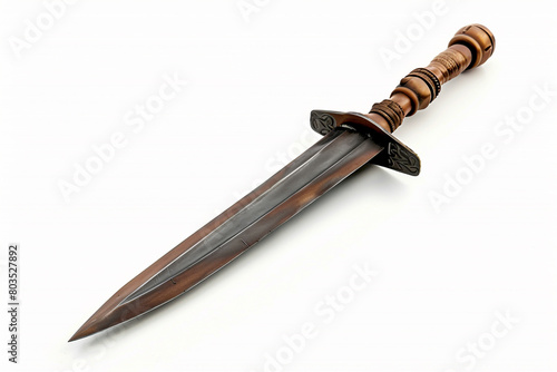 A battle-ready gladius with a short, stabbing blade, isolated on solid white background.