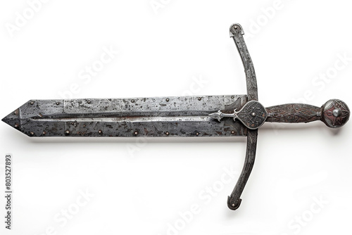 A medieval longsword with a crossguard and a decorated pommel, isolated on solid white background.