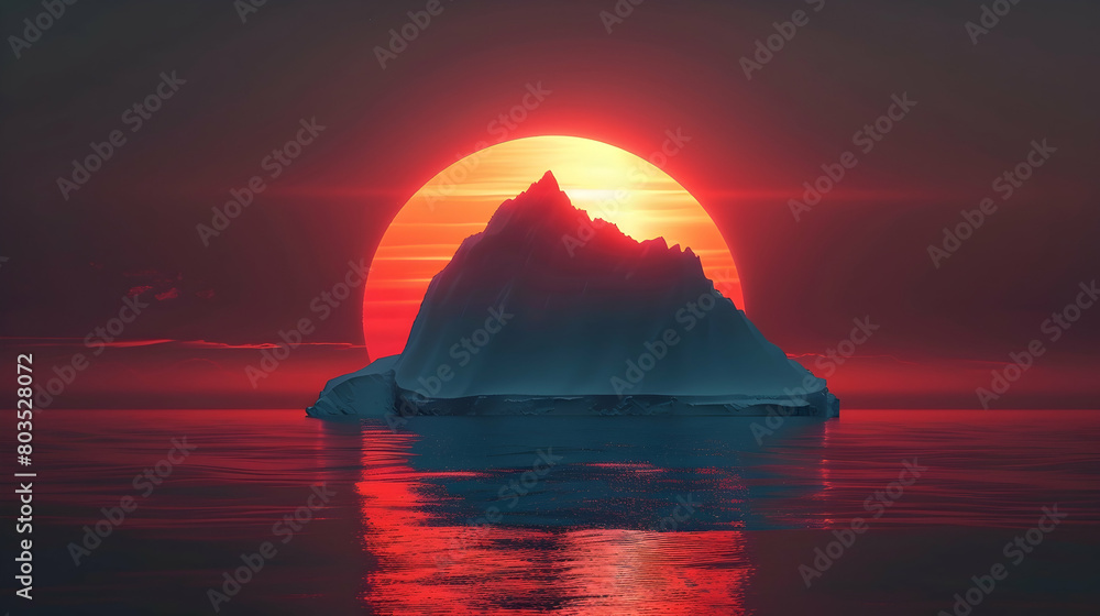 The sun setting behind an iceberg, casting a warm glow over the cold blue ice and reflecting off the calm Antarctic waters The sun setting behind an iceberg, casting a warm glow over the cold blue ice and reflecting off the calm Antarctic waters