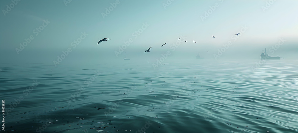 Naklejka premium The tranquil waters of a continental shelf in early morning mist, with seabirds flying low and fishing boats in the distance