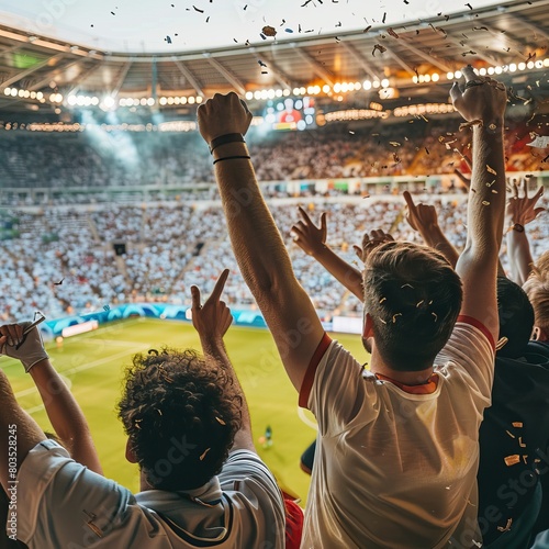 Sport match. Football  soccer fans cheering with colorful scarfs at crowded stadium at evening time. Sport  cup  world  team  event  competition. High quality AI generated image