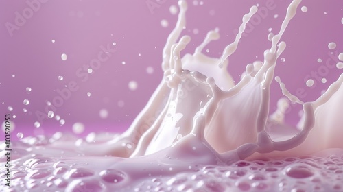 An artistic representation of milk flowing from a carton, forming an abstract shape in mid-air before entering the glass, against a light violet background