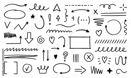 Hand drawn set of abstract doodle elements. Decorative illustrations in sketch style. Arrows, stars,  hearts, signs and symbols. Vector illustration isolated on white background