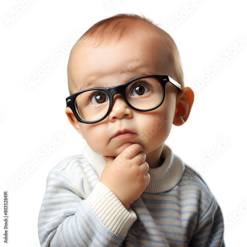 Obraz na płótnie Curious Toddler With Glasses Pondering Over Something Against Transparent Background w salonie