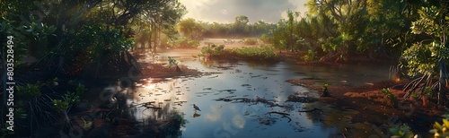 The vibrant ecosystem of a coastal delta during high tide, showing diverse bird species and dense mangroves