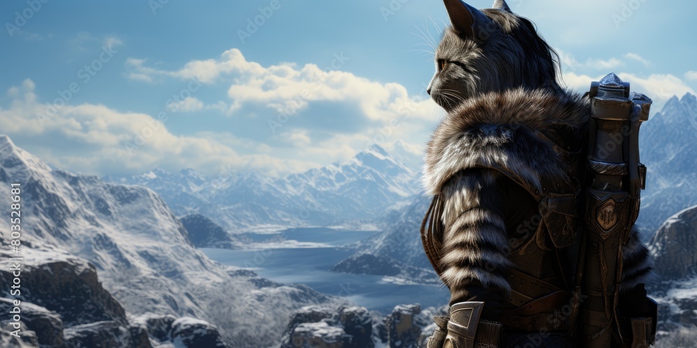 Fototapeta premium Majestic fantasy cat warrior overlooking snowy mountain landscape