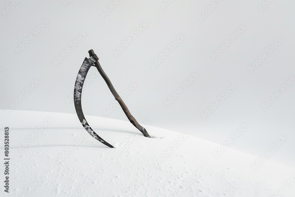 A minimalist portrayal of a battle sickle on pure white.