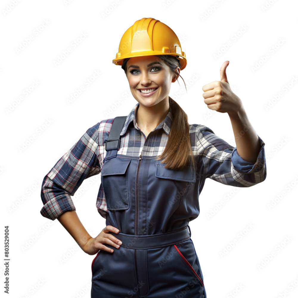 Confident female construction worker in work clothes giving thumbs up on Transparent Background Confident female construction worker in work clothes giving thumbs up on Transparent Background