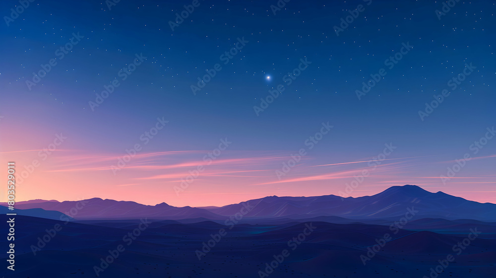 Twilight in the desert showing the transition from day to night with a gradient of blue to purple in the sky and the first stars appearing