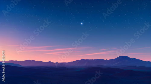 Twilight in the desert showing the transition from day to night with a gradient of blue to purple in the sky and the first stars appearing