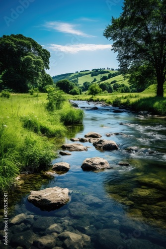 Serene river flowing through lush green landscape